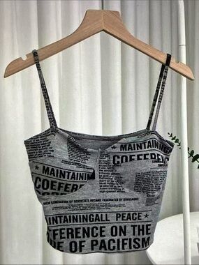 Gray Newsprint Graphic Cropped Camisole